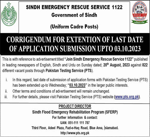Sindh Emergency Rescue Service 1122 Jobs 2023 Online Apply Through PTS