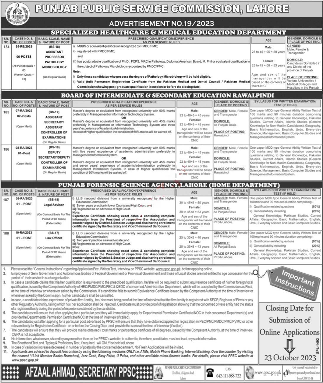 Punjab Public Service Commission PPSC Jobs 2023 Advertisement No 19